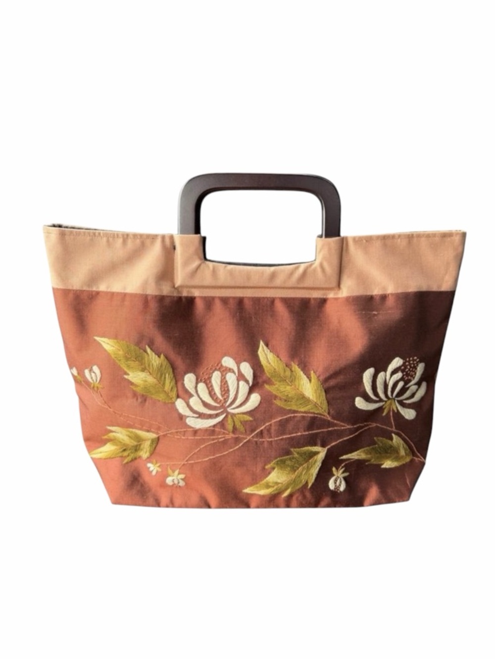 VTG Raw Silk Embroidered Tote Bag Lucite Handle Bronze Floral L Statement Purse